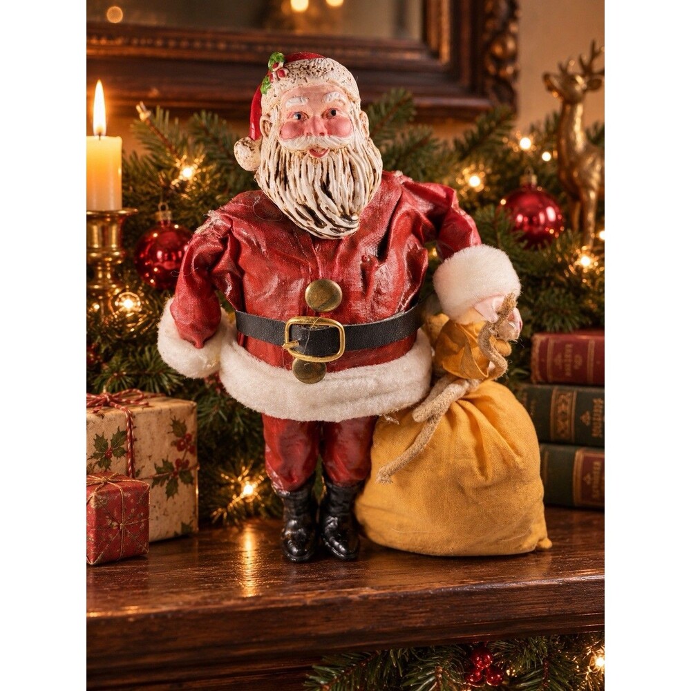 Vintage 1950s Santa Claus Doll 8.5” Mixed Media Figure Toy Sack Christmas Decor